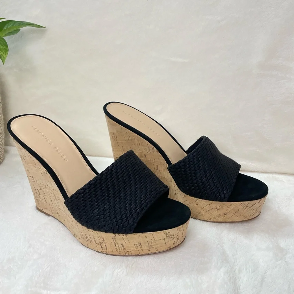 Veronica Beard NWOB Dali Raffia Wedge Sandals‎ Black 10.5 G 718